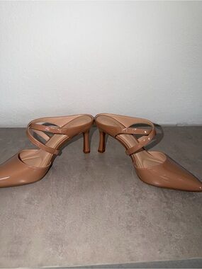 Kelly & Katie Patent Tan Pointed-Toe Strappy Mule Heels